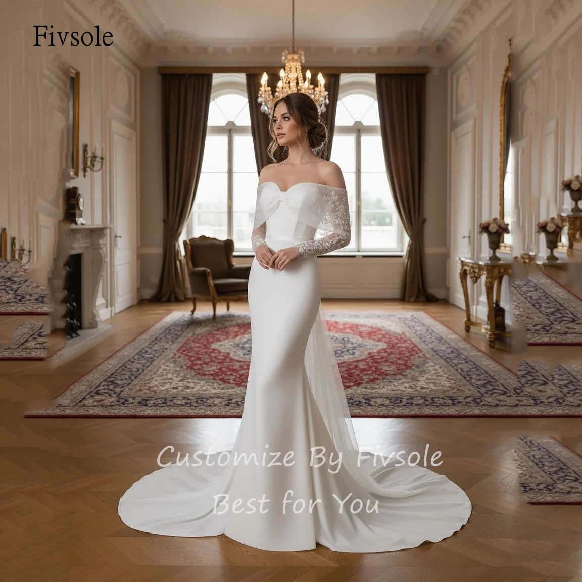 Fivsole Graceful Lace Bow Neck Mermaid Wedding Dress Off The Shoulder Bride Dresses Floor Length Wedding Gowns Customized