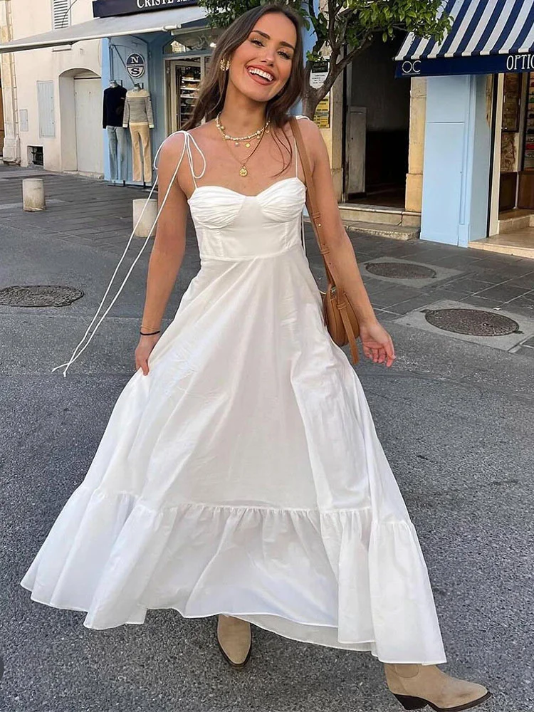 Tossy White Summer Lace-Up Long Dress For Women See-Through High Waist Patchwork Backless Dress Female Bandage Party Dress 2025