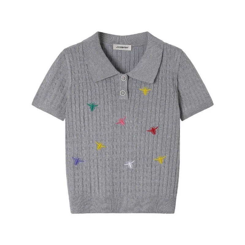 Summer Bee Embroidery Short Sleeve Women's T-shirt Fashion and Comfortable POLO Polo Knit Fried Dough Twists Slim Fit Top