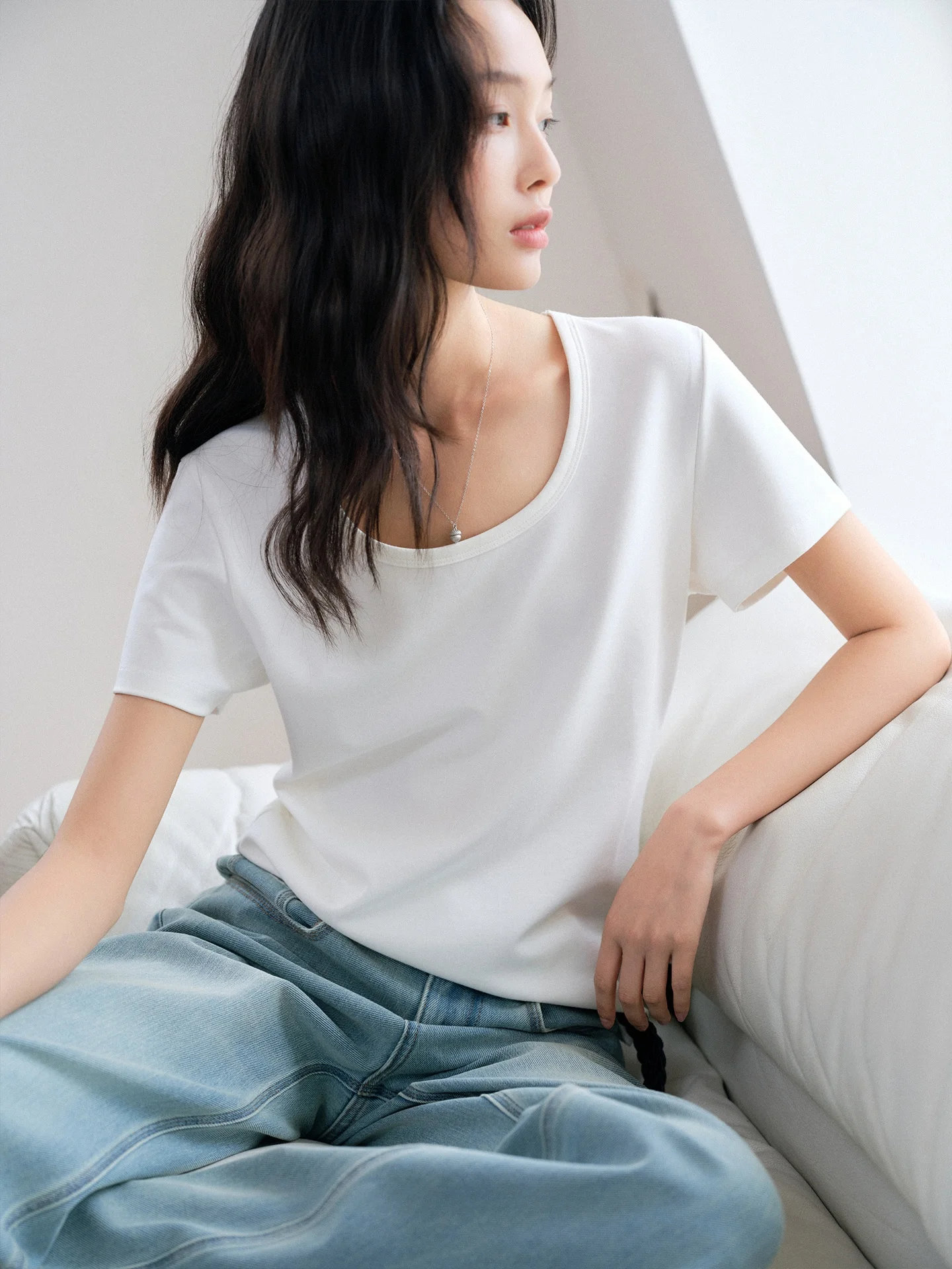 

Anti-Wrinkle Airy Smooth Short Sleeve T-Shirt Big U-Neck Small round Neck Women's Casual Loose Fit Cotton Blend Top