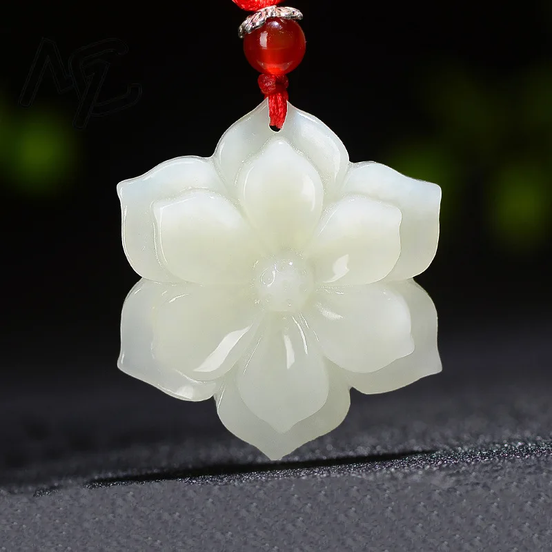 Natural Chinese White Jade Pentagonal  Flower Pendant Hand-carved Ladies Necklace Fashion Luxury Jewelry Girlfriend Mom Gift view 5