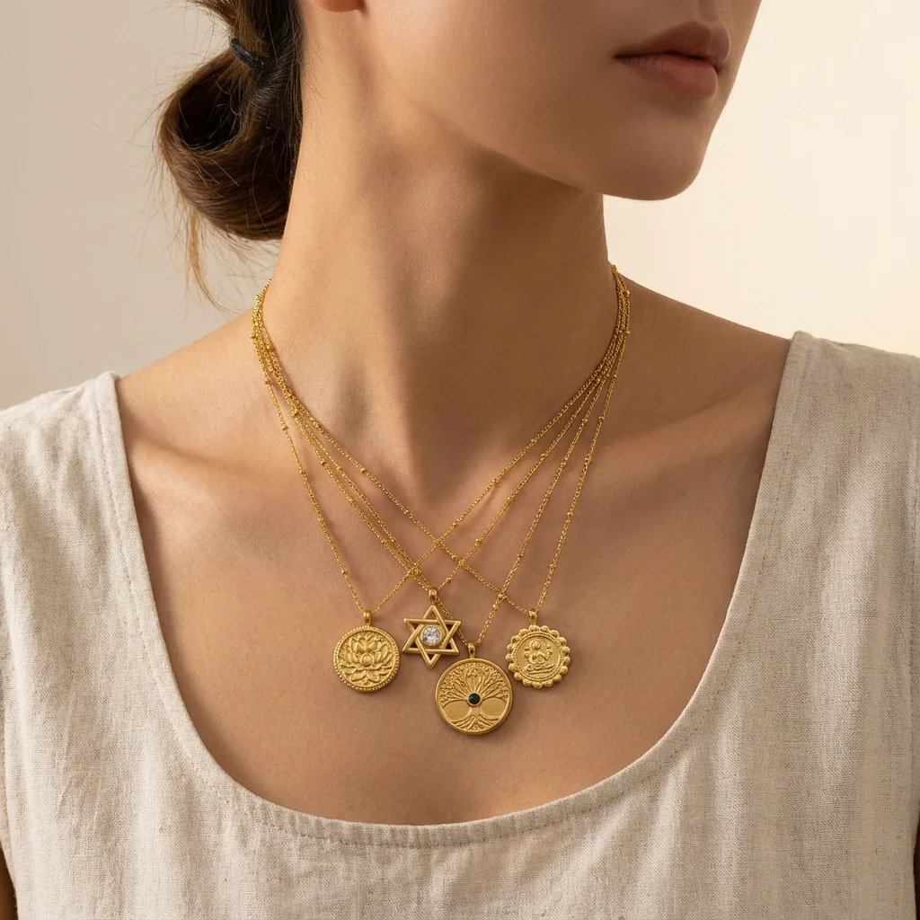 18K Gold Plated Stainless Steel Layered Necklace, Minimalist Coin Medallion Pendant for Women, Trendy Daily Jewelry