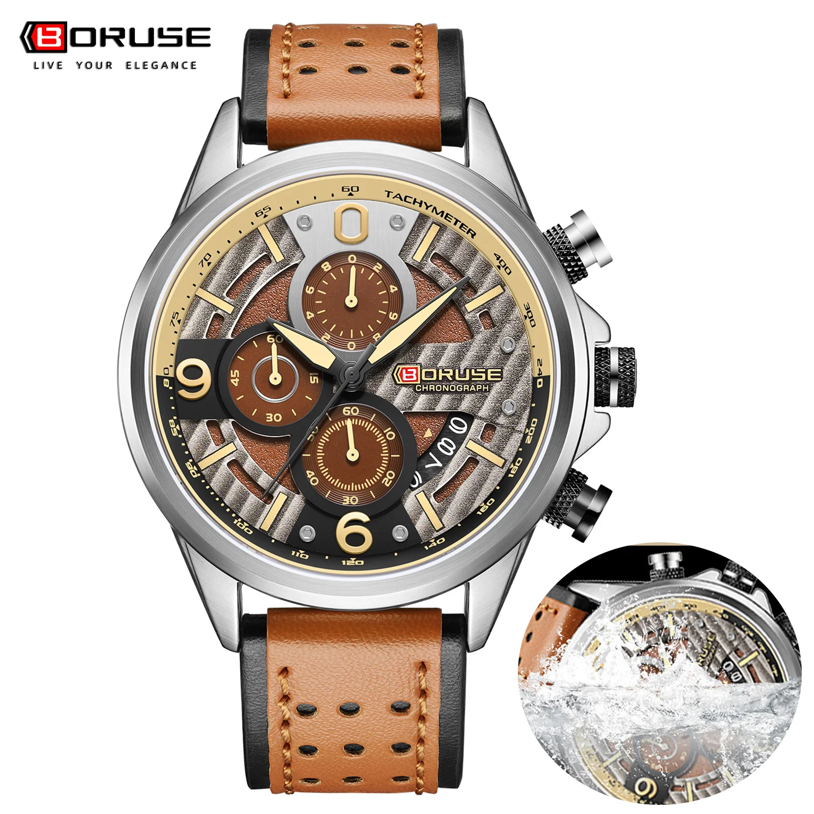 BORUSE Fashion Watches for Men Business Casual Wrist Watches Male Luxury Brown Leather Quartz Wristwatch Wristwaterproof