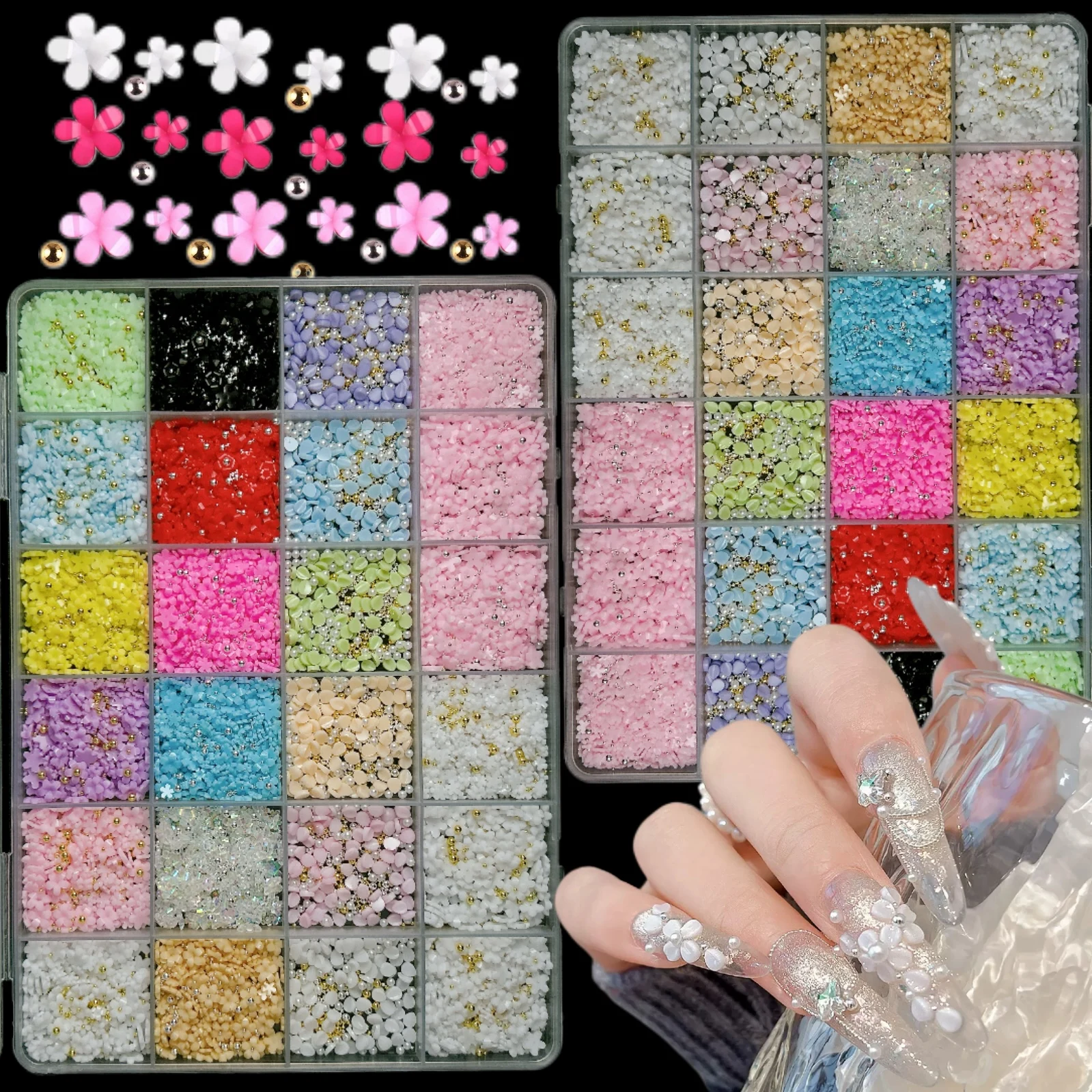 

1Box Mini Colorful Petal Simulated Half Round Pearl Resin Nail Charms Cute Five-Petal Flower Steel Bead Nails Art Decoration DIY