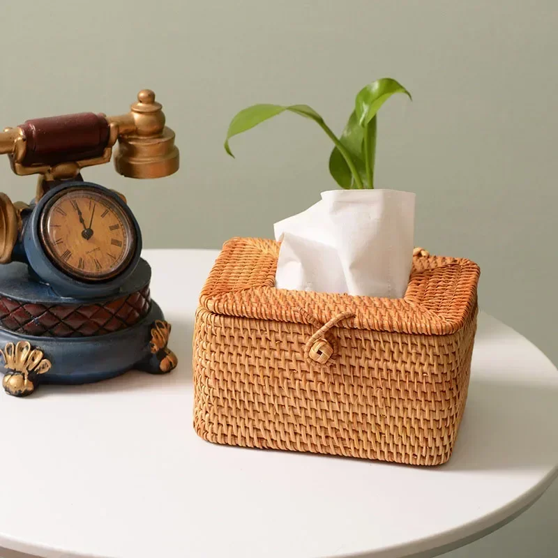 Handmade Rattan Tissue Box Household Napkin Storage Container Office Desktop Paper Towel Dispenser Barthroom Hotel Tissue Holder