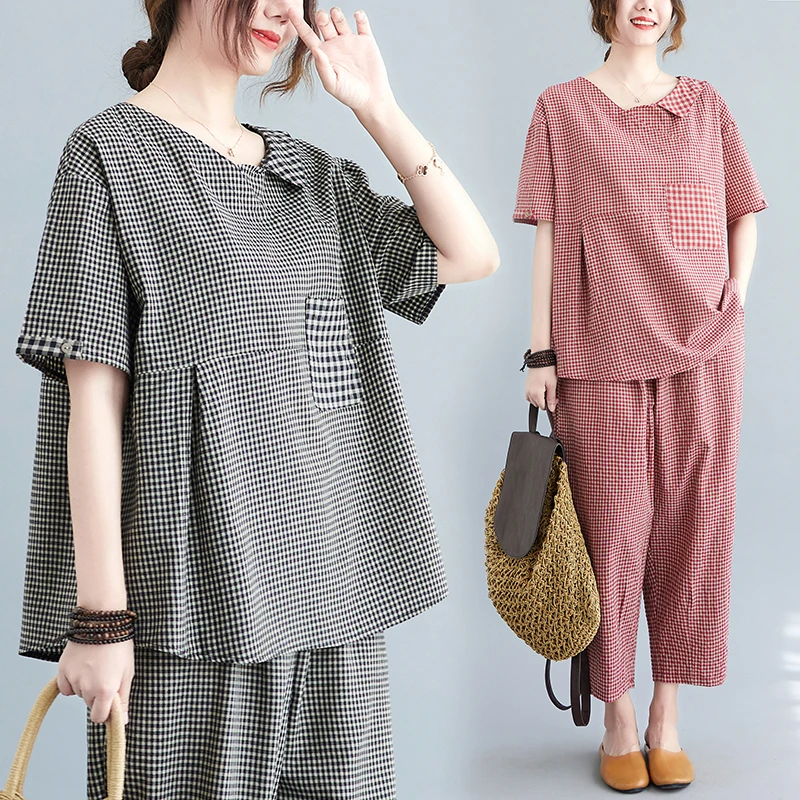 Modny zestaw z bawełny i lnu z elastyczną talią, spodnie typu harlan o długości 7/8, duży rozmiar, damski zestaw dwuczęściowy lub spódnica.