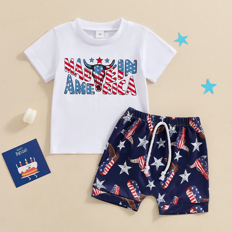 

Lioraitiin Summer Baby Boys 4th of July Clothes Set Plaid Popsicle Print Short Sleeve T-shirt with Elastic Waist Shorts Outfit