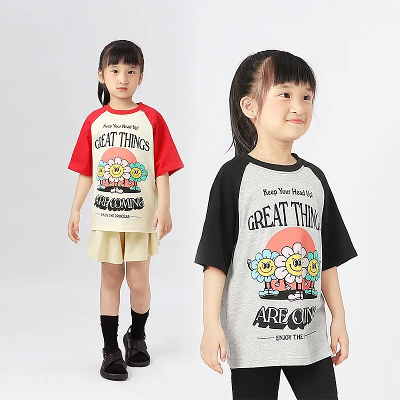 Children's new girls short-sleeved T-shirt big boy shoulder collision color breathable top children's short-sleeved