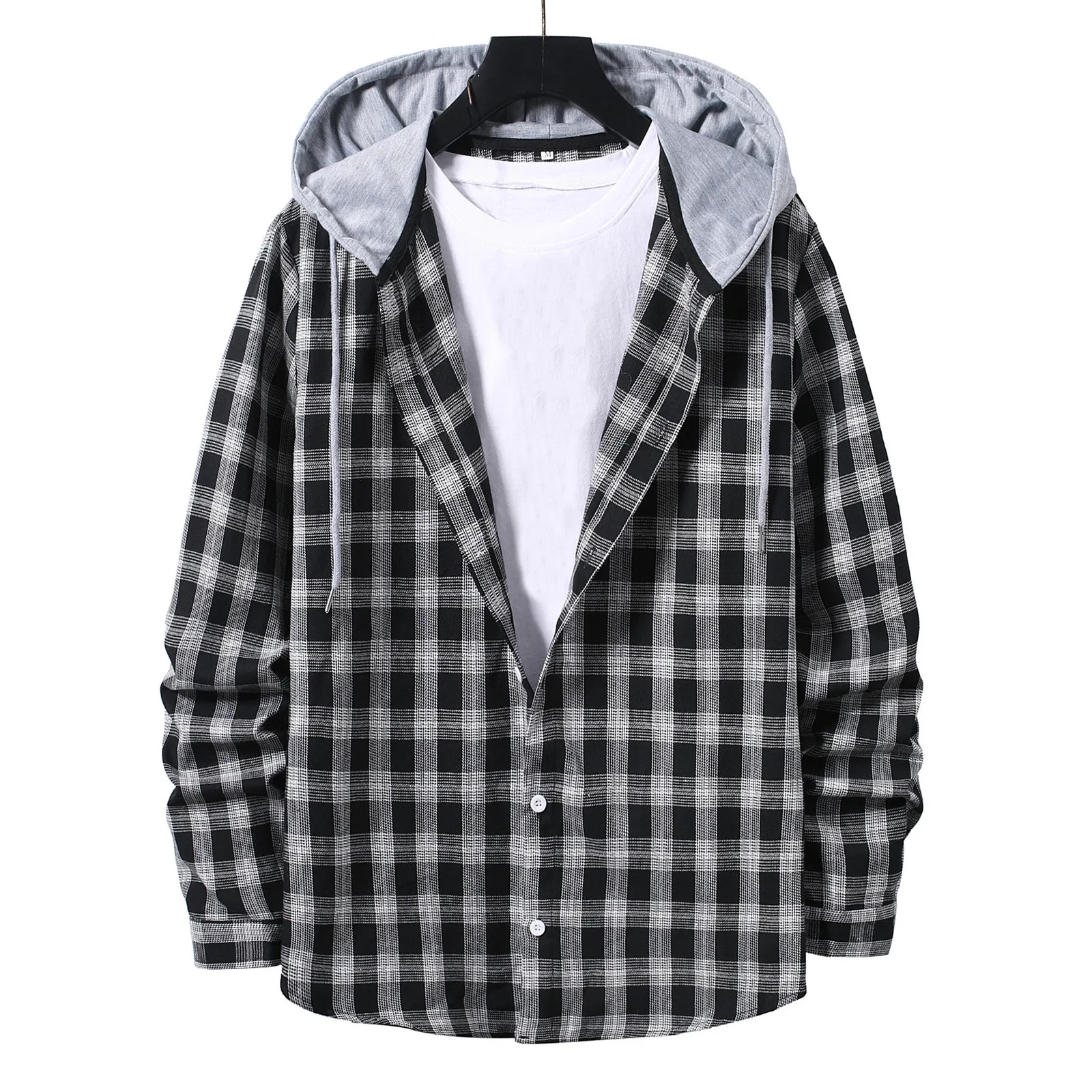 Men's Casual Plaid Print Shirt Coat Long Sleeve Hooded Shirt Simple Korean Version Basic 2024 New Christmas Winter Shirts