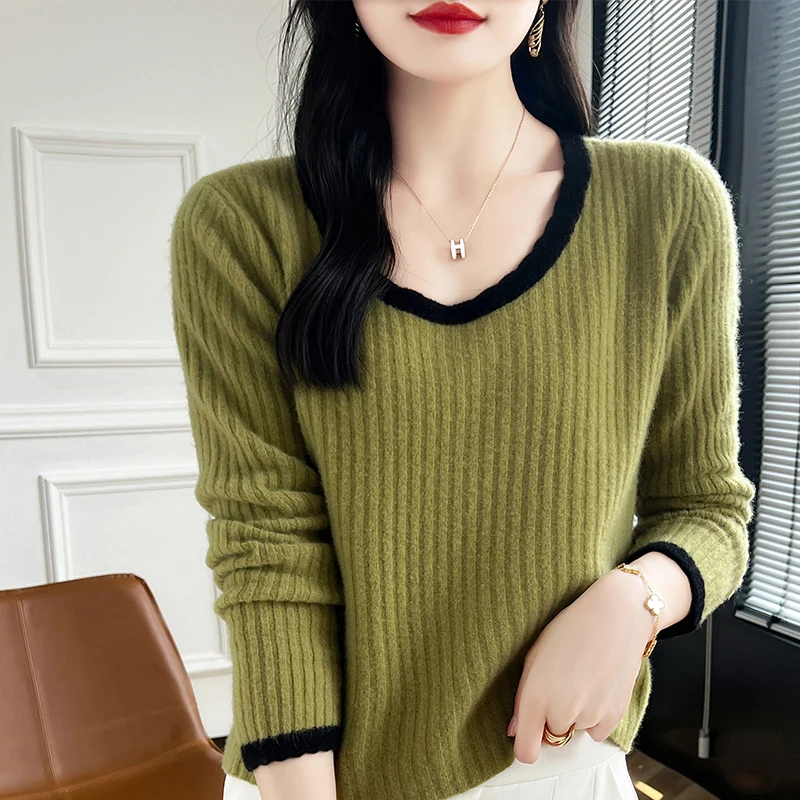 Round Neck Sweater 100% Pure Wool Pullover Women's Autumn Winter Long Sleeved Top Fashion U Collar Cashmere knit Clothing Female