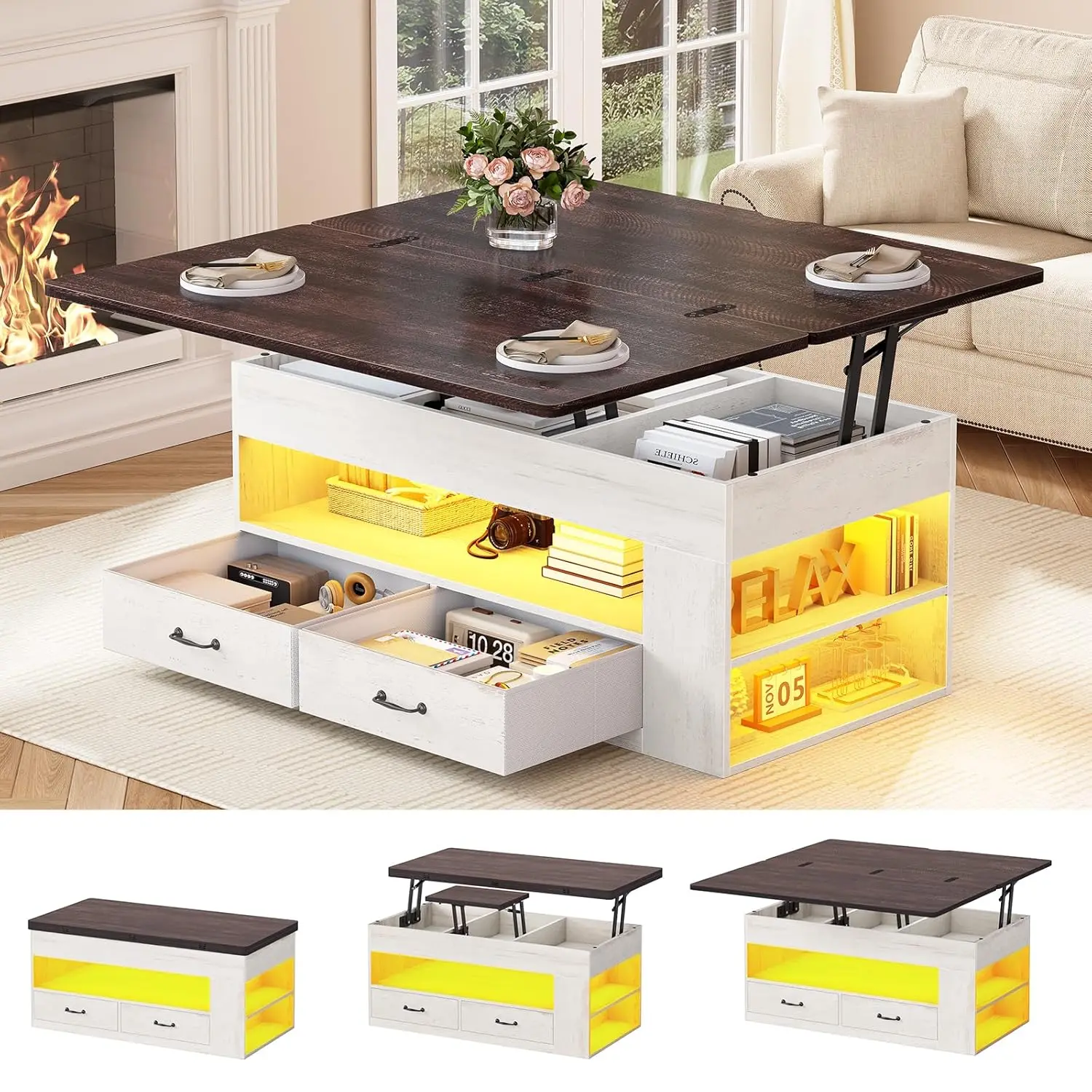 

Lift Top Coffee Table, 4 In 1 Coffee Tables With Storage And Hidden Compartment, Farmhouse Coffee Table With 2