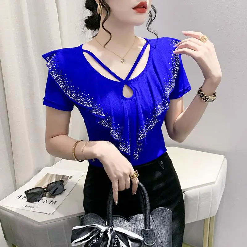 

Summer T Shirt Women Short Sleeve Sexy Office Mesh T Shirt Ruffles Diamonds Sexy Tight Elastic T Shirt Female Hollow Out