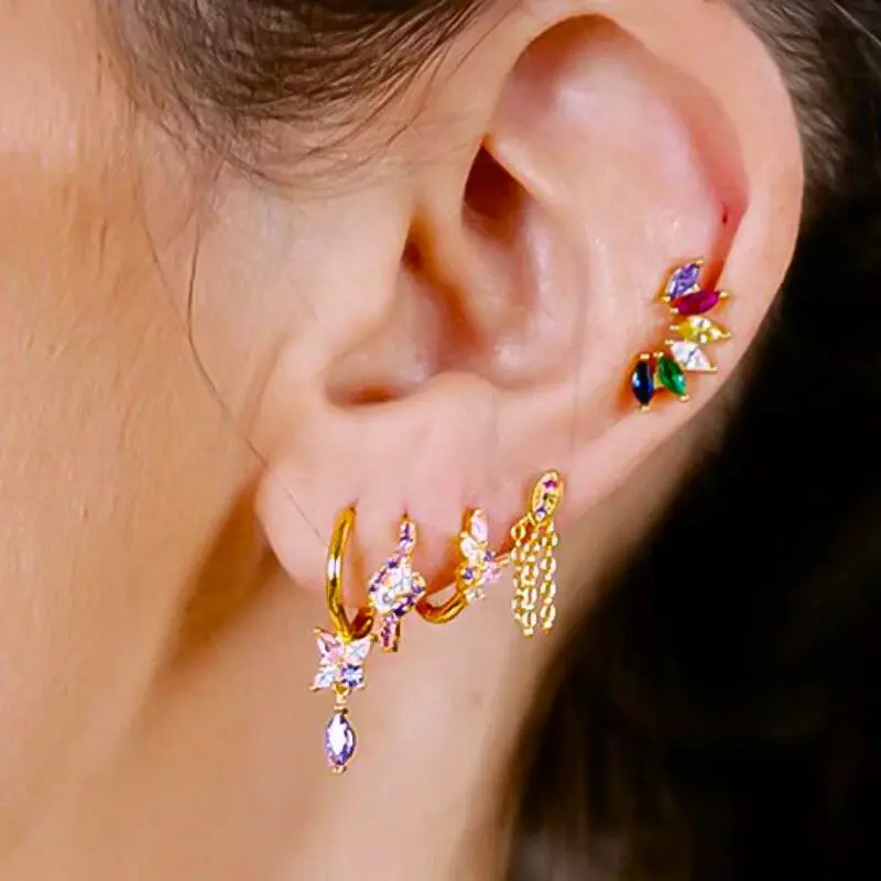 925 Sterling Silver Needle Luxury Purple Crystal Contrasting Colors Earrings for Women Flowers Hoop Earrings Party Fine Jewelry