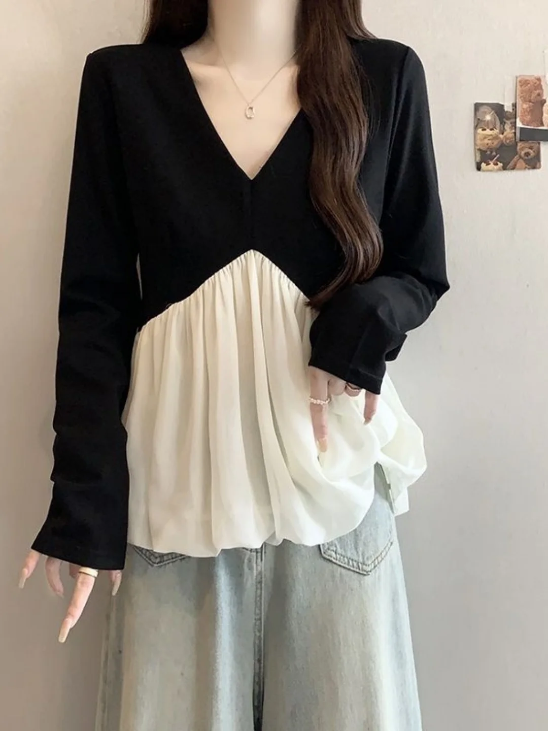 plus Size 300 Pounds Fat MM Korean Design Style Chiffon Splice T-Shirt V-Neck Color Block Fashion Long Sleeve Base Top