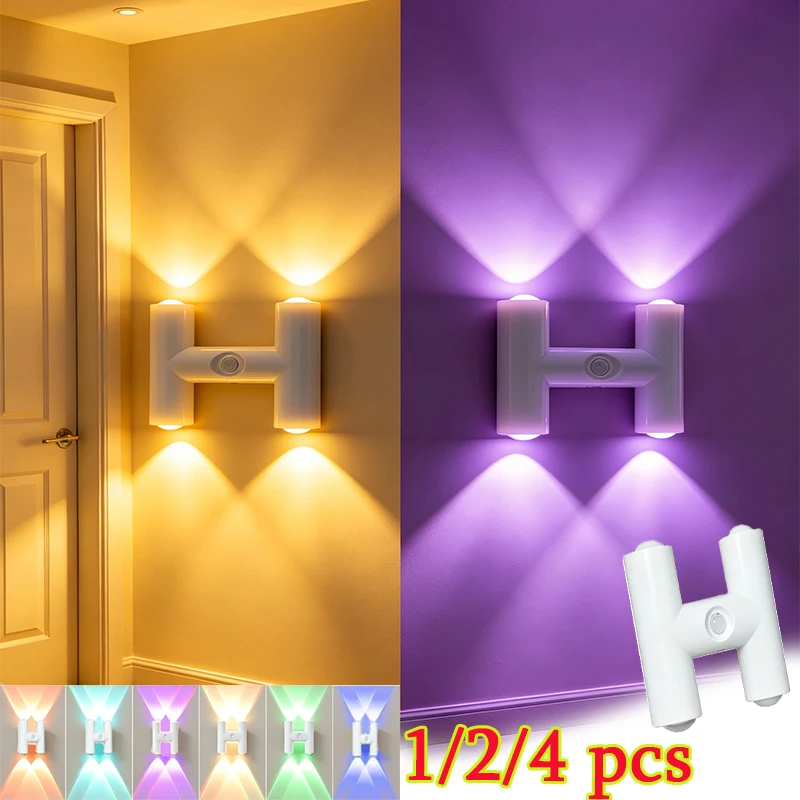 1-4pcs Motion Sensor Night Light Type C Charging Smart Sensing Rechargeable Wall Sconce For Bathroom Cabinet Staircase Lighting