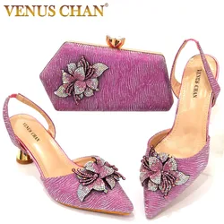 Chaussures et sacs à talons hauts pointus en strass pour femmes, avec nœud coloré, de couleur rose Royal, le dernier style INS