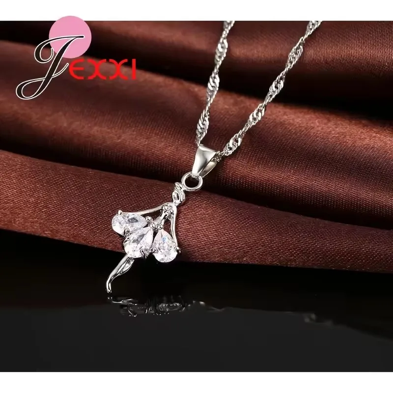 Dancing Ballet Girls Wedding Jewelry Sets 925 Sterling Silver Full Cubic Zircon Dress Necklace Earrings Ladies Decorations
