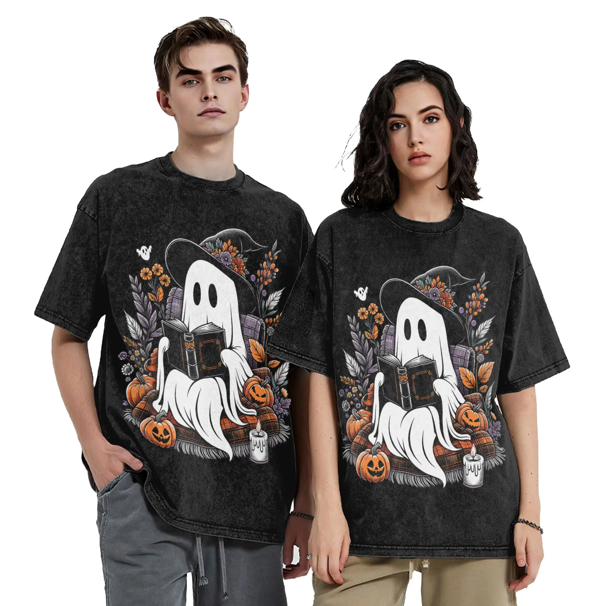 Washed T Shirts Ghost Reading Books Pumpkin Halloween Hip Hop Vintage T-Shirt High Street Streetwear Summer Tops Tees Men Women