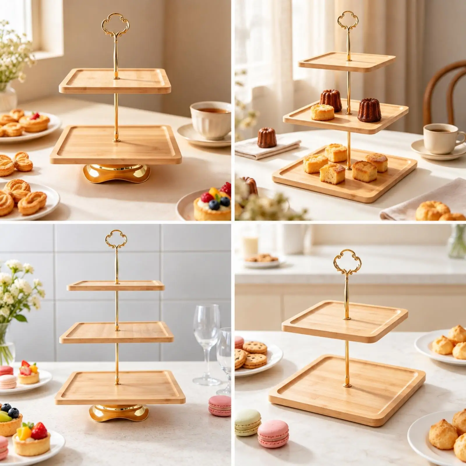 Bamboo Industrial Tray with Central Metal Rod for Serving Cakes Pastries at Bakery Home Kitchen Events