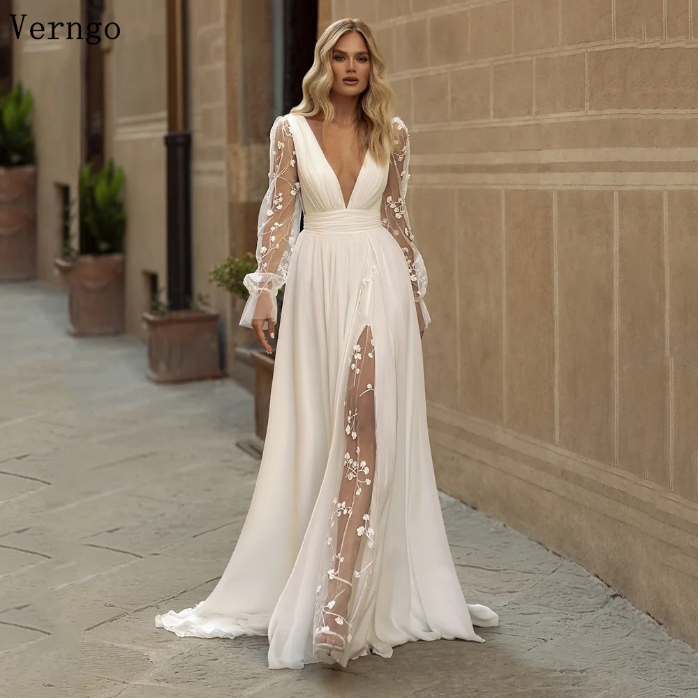 Verngo Appliques A Line Wedding Dress Deep V Neck Side Slit Bridal Gowns Sweap Train Boho Women Customized