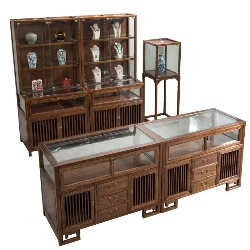 

Jewelry Display Cabinet Chinese Solid Wood Mortise Glass Counter Jewelry Jade