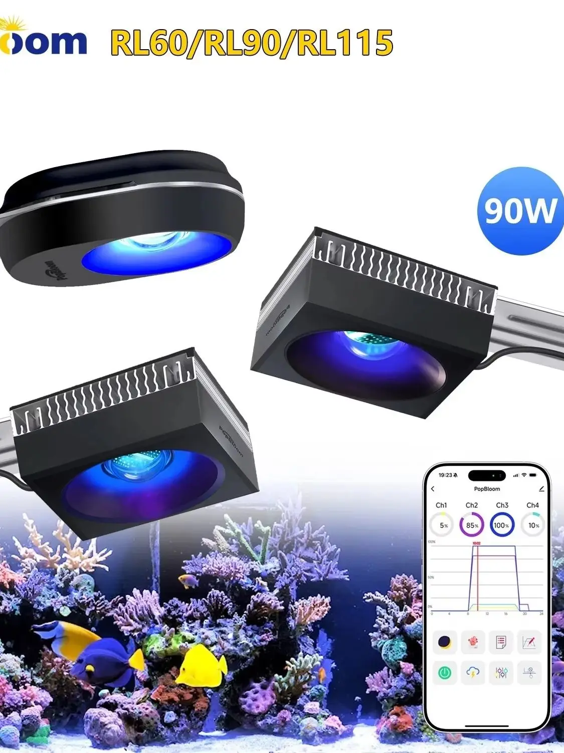 PopBloom WiFi Riff-LED-Beleuchtung, 60W 90W 120W Vollspektrum Marine-Riff-LED-Aquariumbeleuchtung für Weichkorallen/LPS-Korallen & Salzwasserfische in Nano-Aquarien, Eingebauter Timer, Sonnenaufgang