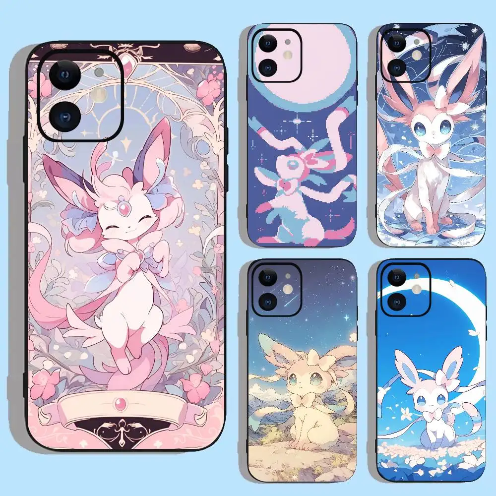 حافظة هاتف لطيفة Sylveon Pink N-ninfia لهاتف Apple iPhone 16,15,14,13,12,11,Pro,Max, Mini Wave Oil Short Black #1