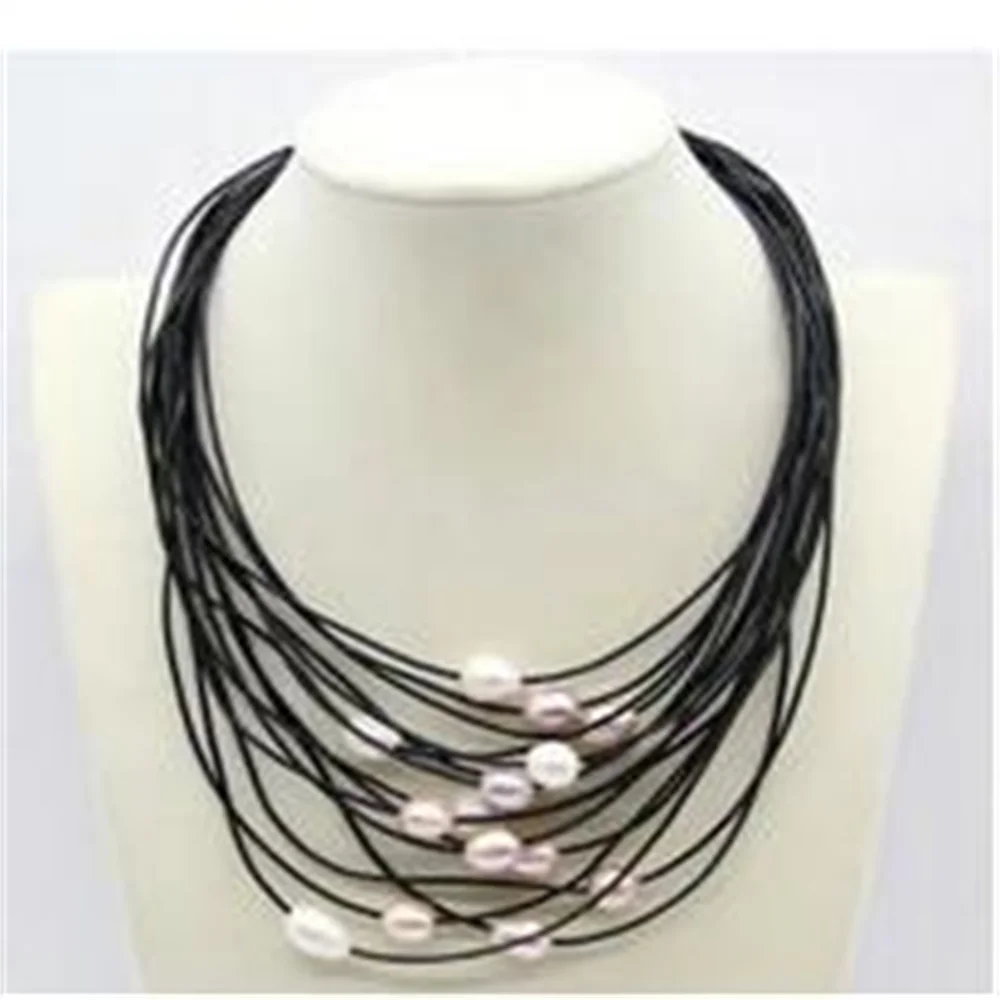 15ROW 10-12 MM CULTURE LEATHER PEARL ROPE HANWORK NECKLACE 16 