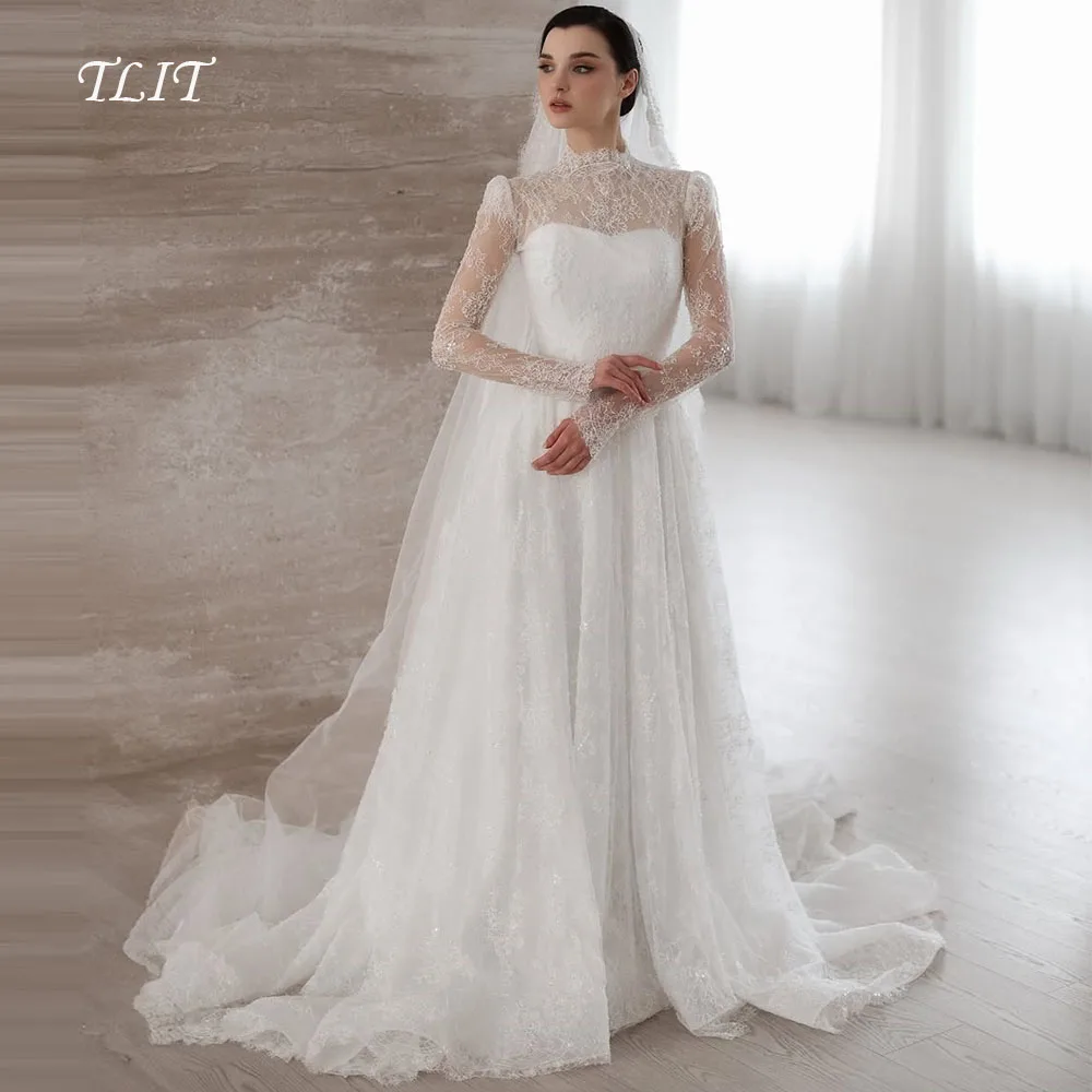 TLIT Luxurious White Lace A-Line Wedding Dresses Customized O-Neck  فساتين زفاف Long Lace Sleeves Bridal Gowns