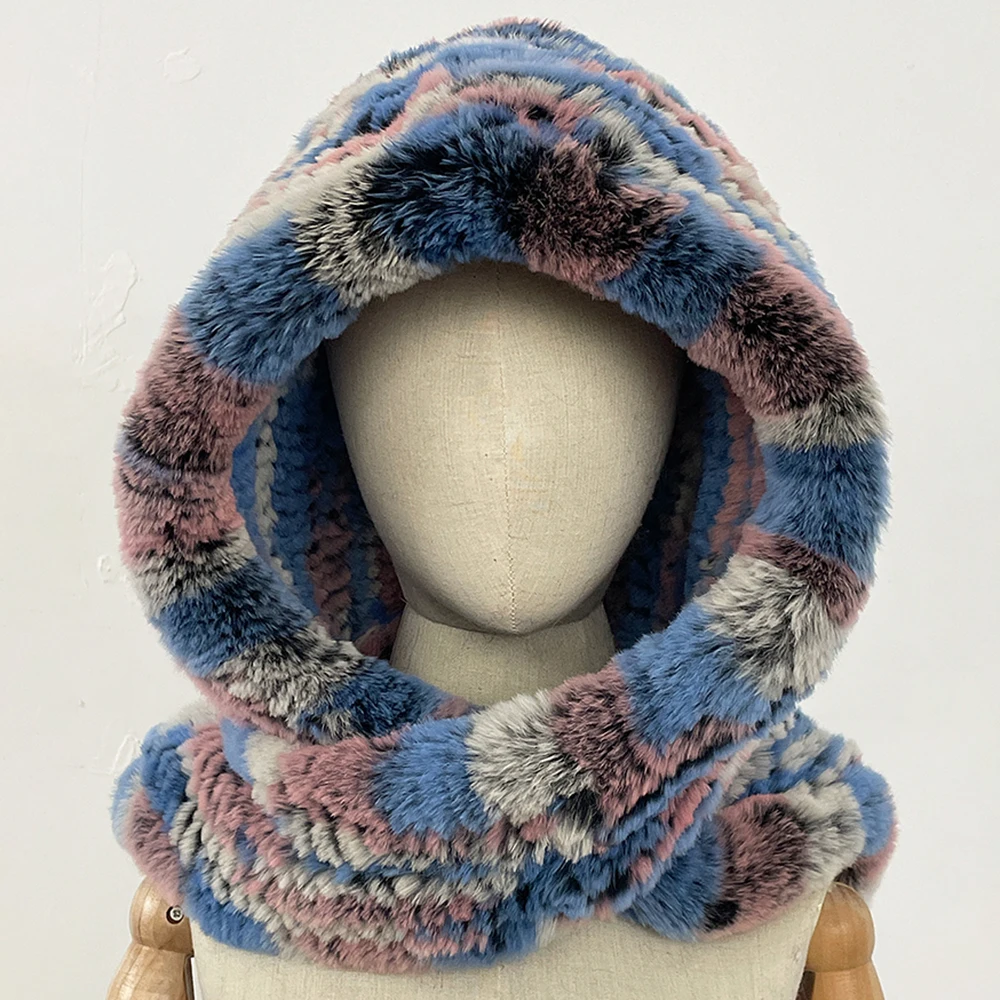 OFTBUY Vendita Calda Reale Lavorato A Maglia Cappello di Pelliccia di Coniglio Rex Sciarpa Con Cappuccio Nuove Donne Lungo Inverno Caldo Cappello di Pelliccia Collo Sciarpe Cappello Sciarpa