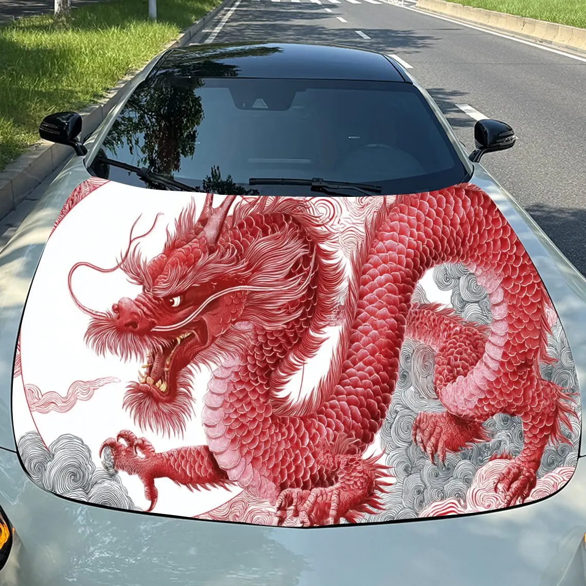 

Traditional Red Dragon Thrill PVC Car Engine Hood Vinyl Wraps, Self-Adhesive Waterproof Car Hood Decal Sticker, Car Decoration P