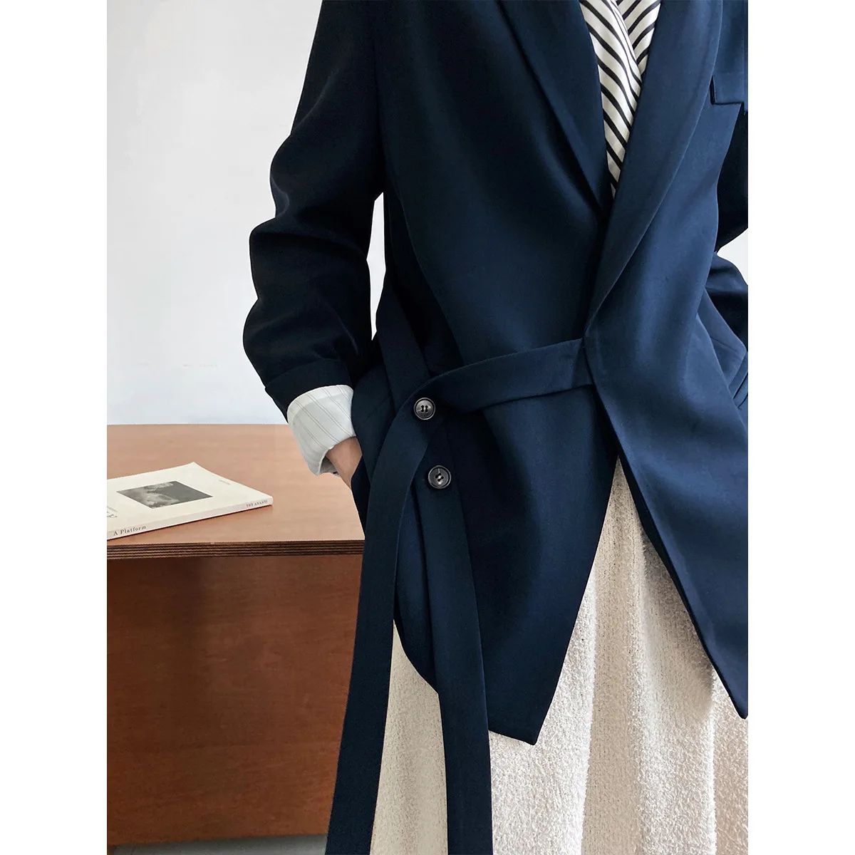 Women Blazer Bandages Vintage Apricot Navy Blue Women Blazers And Jackets Solid Color Leisure Oversized Blazer Coat 2023 New