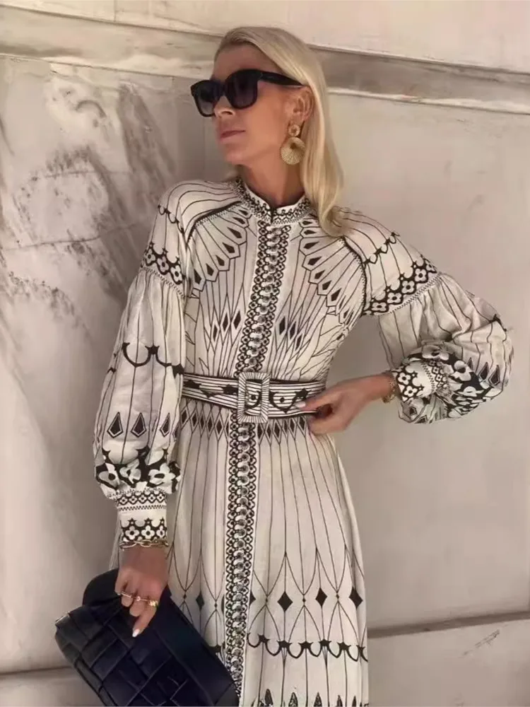 

2025 Autumn Retro Dress Casual Vestidos Sweet Vestido Femininos Loose Dresses Woman Commuting Printing Lantern Sleeves French