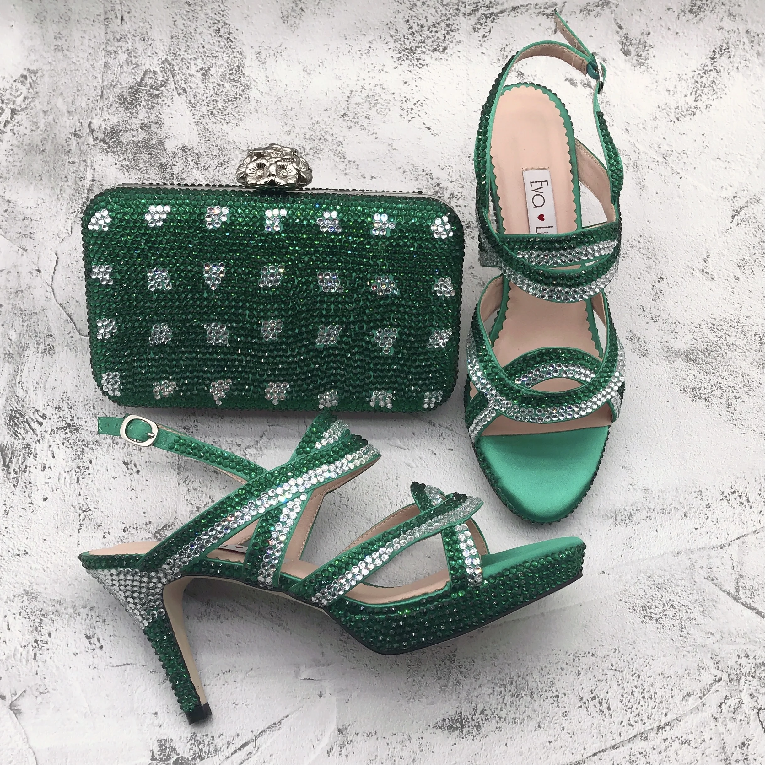 

BS1561 Custom Made Dress Sandal Women Shoes Bridal Wedding Shoes Green Silver Crystal Strappy Shoes With Matching Bag Set