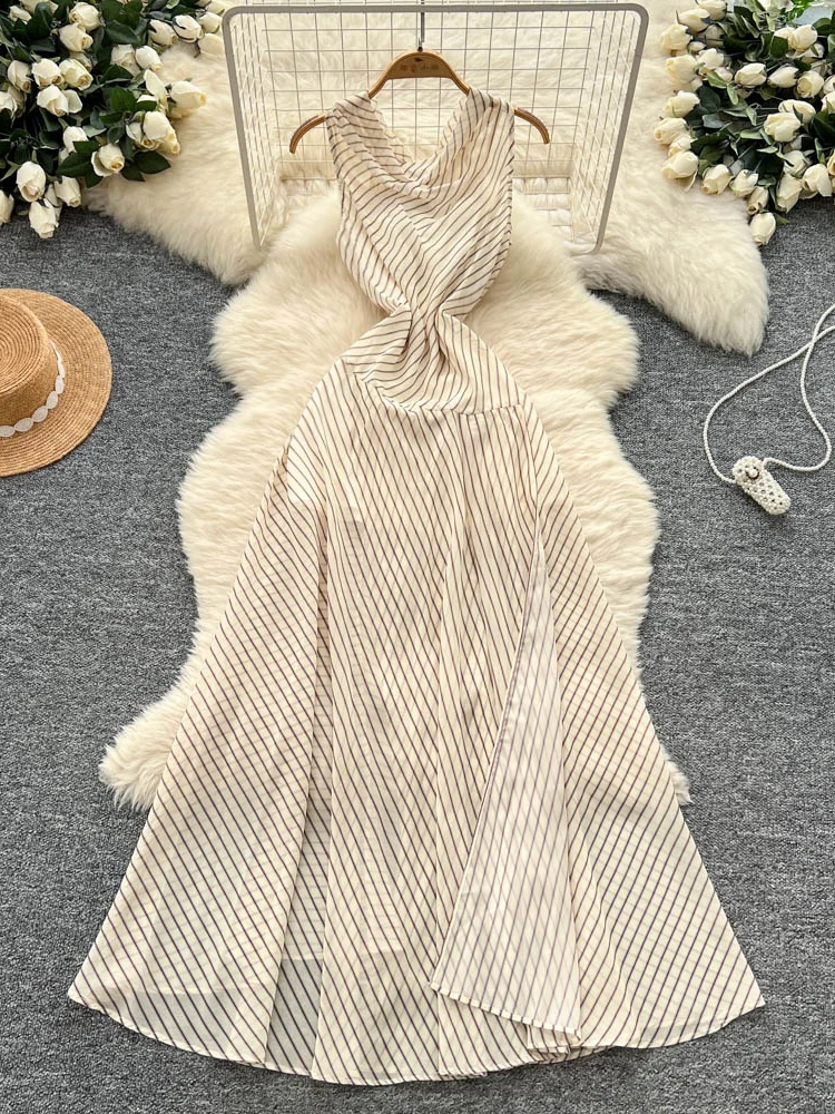 Ele taille haute a-ligne Dr femmes luxe Svel rayé asymétrique Dr coréen Sle été longue Dr