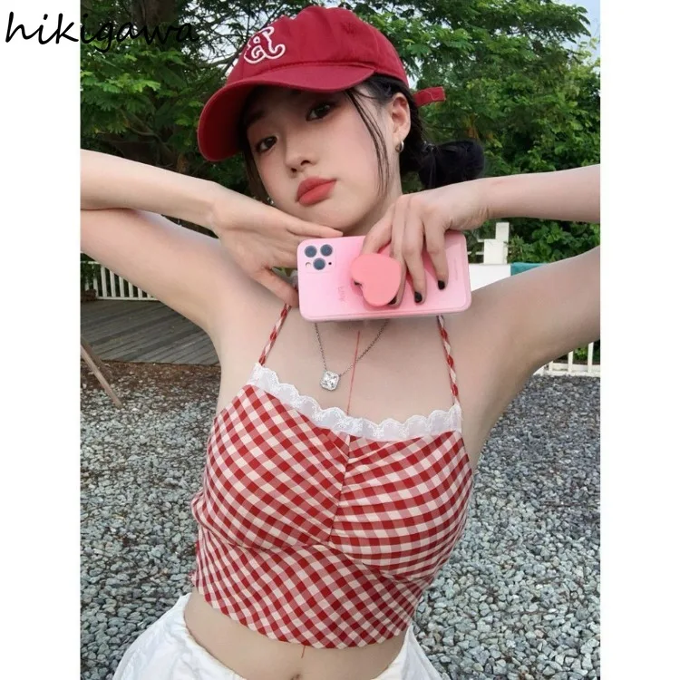 Korean Cute Crop Tops Fashion Summer Tanks for Women 2024 Ropa Mujer Bandage Backless Tunic Camis Patchwork Lace Plaid Y2k Vest