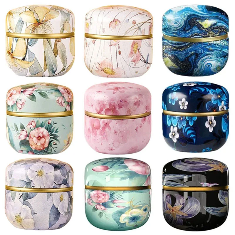 Portable Round Tea Box Flower Printed Metal Jars Universal Tea Storage Sealed Container Tinplate Tea Can Household Supplies