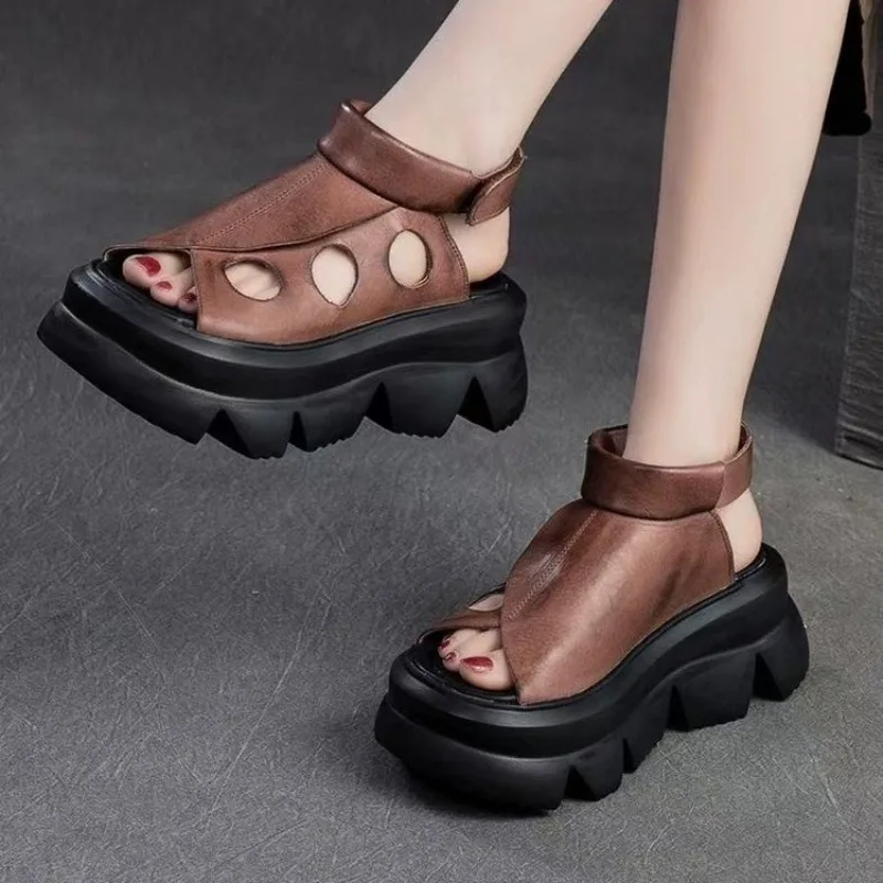 Neue Sommer Mode frauen Schuhe Sandalen Retro Echtes Leder frauen Keil Plattform Sandalen Fisch Kappe Hochhackigen Sandalen