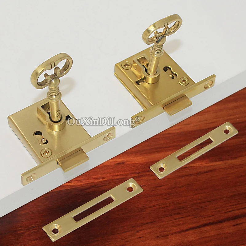 High-end 6PCS European Antique Pure Brass Drawer Cabinet Locks Cupboard Locker File Cabinet Lock Hidden Wood Furniture Locks+Key