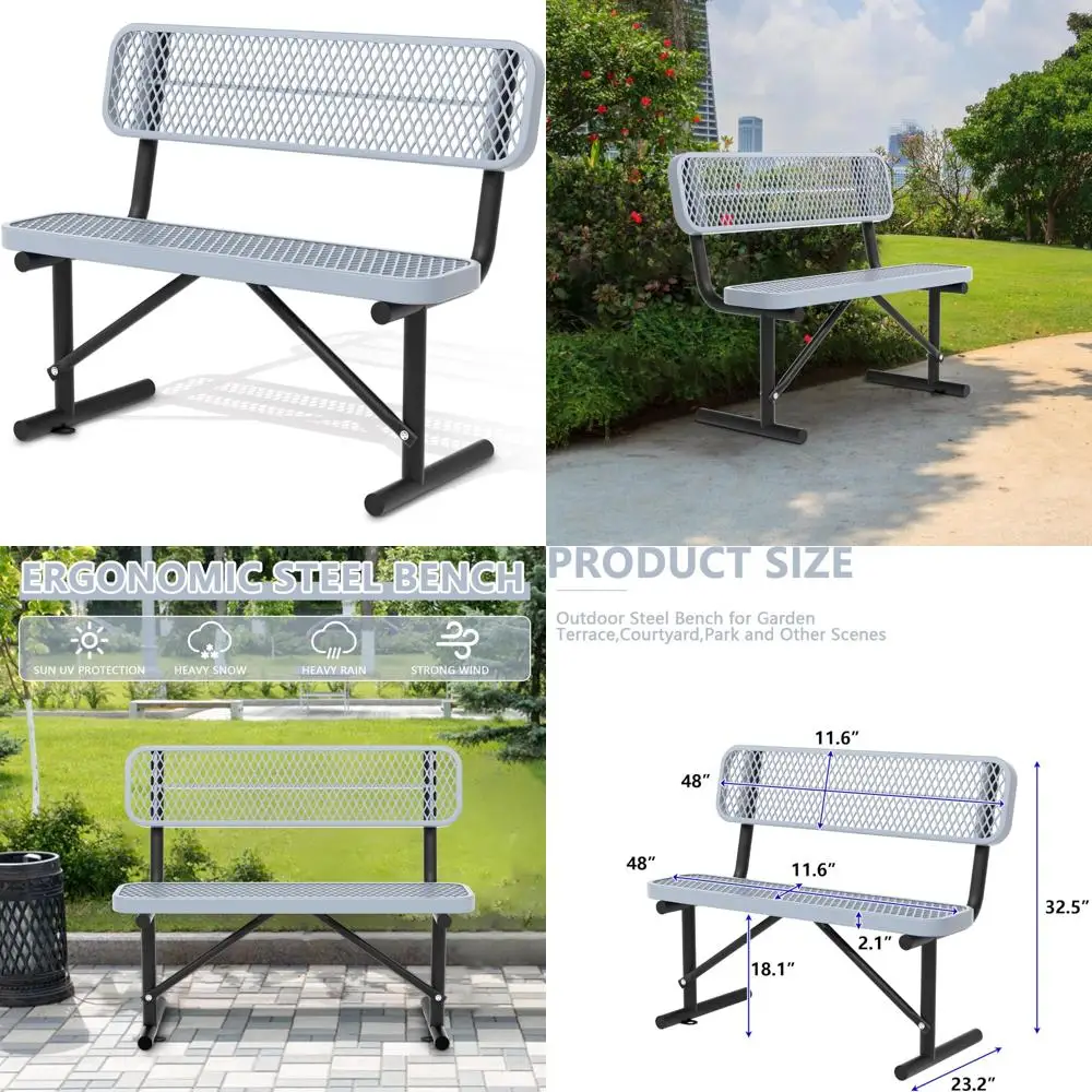 مقاعد حديقة معدنية خارجية شديدة التحمل باللون الرمادي مع مساند للظهر، مقاومة للعوامل الجوية لاستخدام الحديقة، مثالية للمدارس والمتنزهات