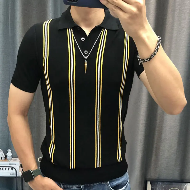 2023 Stripe Contrast Stitching Lapel Short Sleeve Tshirt High Quality Knitted Top Stripe Color Matching Knitted Polo Shirt