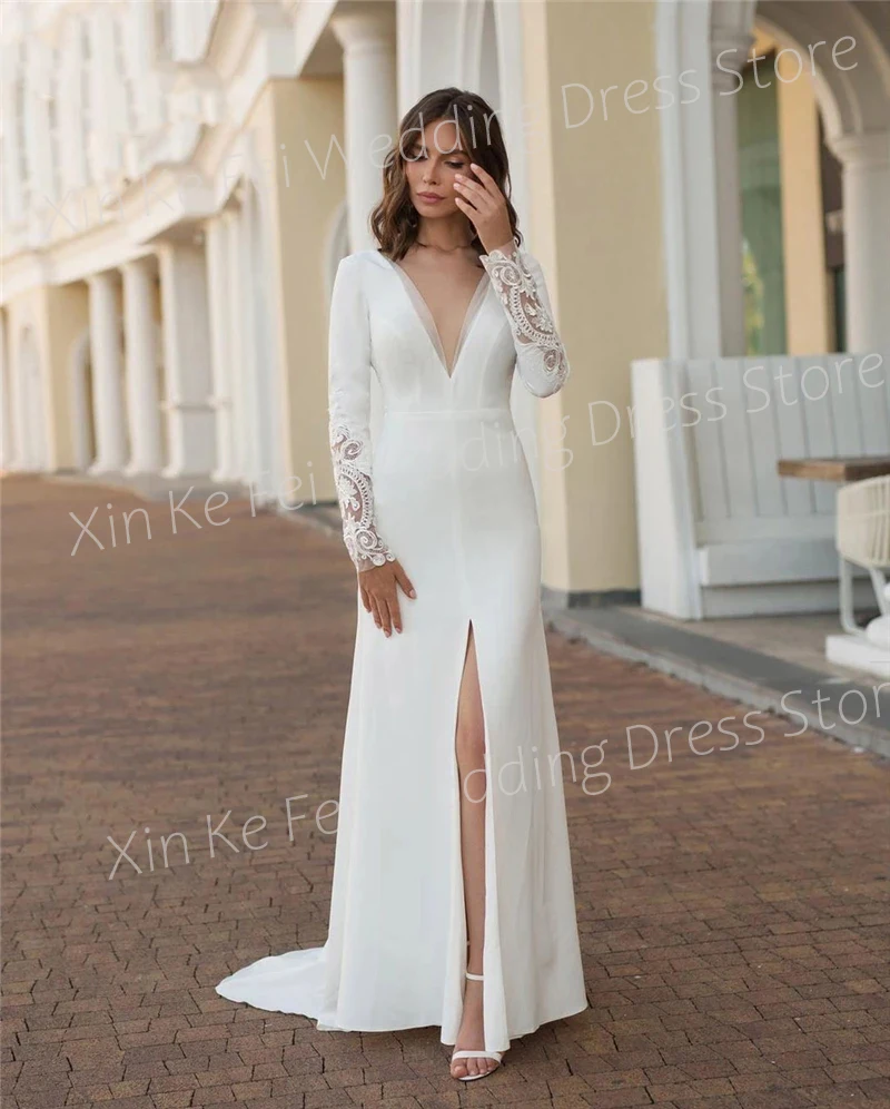 

Exquisit Sexy Wedding Dresses V-Neck Sweep Train 2024 Bridal Gowns Appliques Lace For Women Long Sleeve Satin Amanda Vestidos