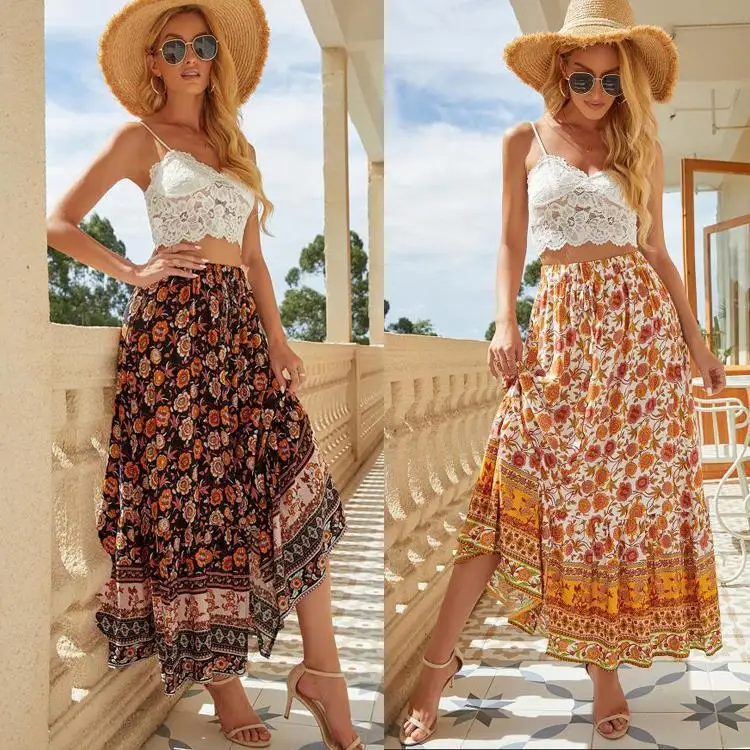 تنورة نسائية عصرية نصف طول عالية الخصر من القطن مطبوعة بأزرار وحاشية غير متماثلة على الطراز البوهيمي لقضاء العطلات على الشاطئ