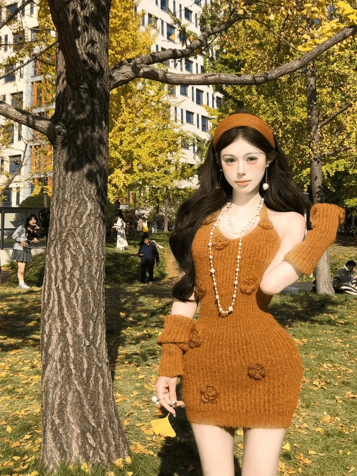 

Romantic Korean Sle Women's Dr Set Ne Hanging 3D Flower Knitted Spring New Arrival Two-Piece Suit Casual Office Wear