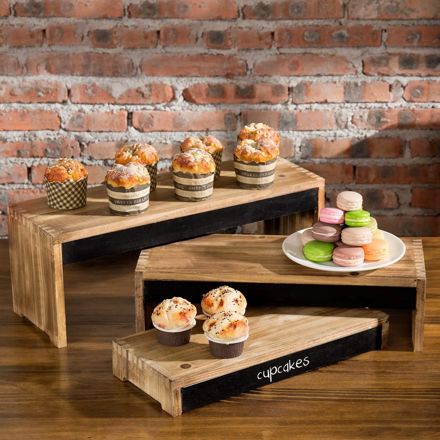 

Rustic Wood Cake Stand Set with Chalkboard Labels, 3-Piece Nesting Display for Desserts and Merchandise