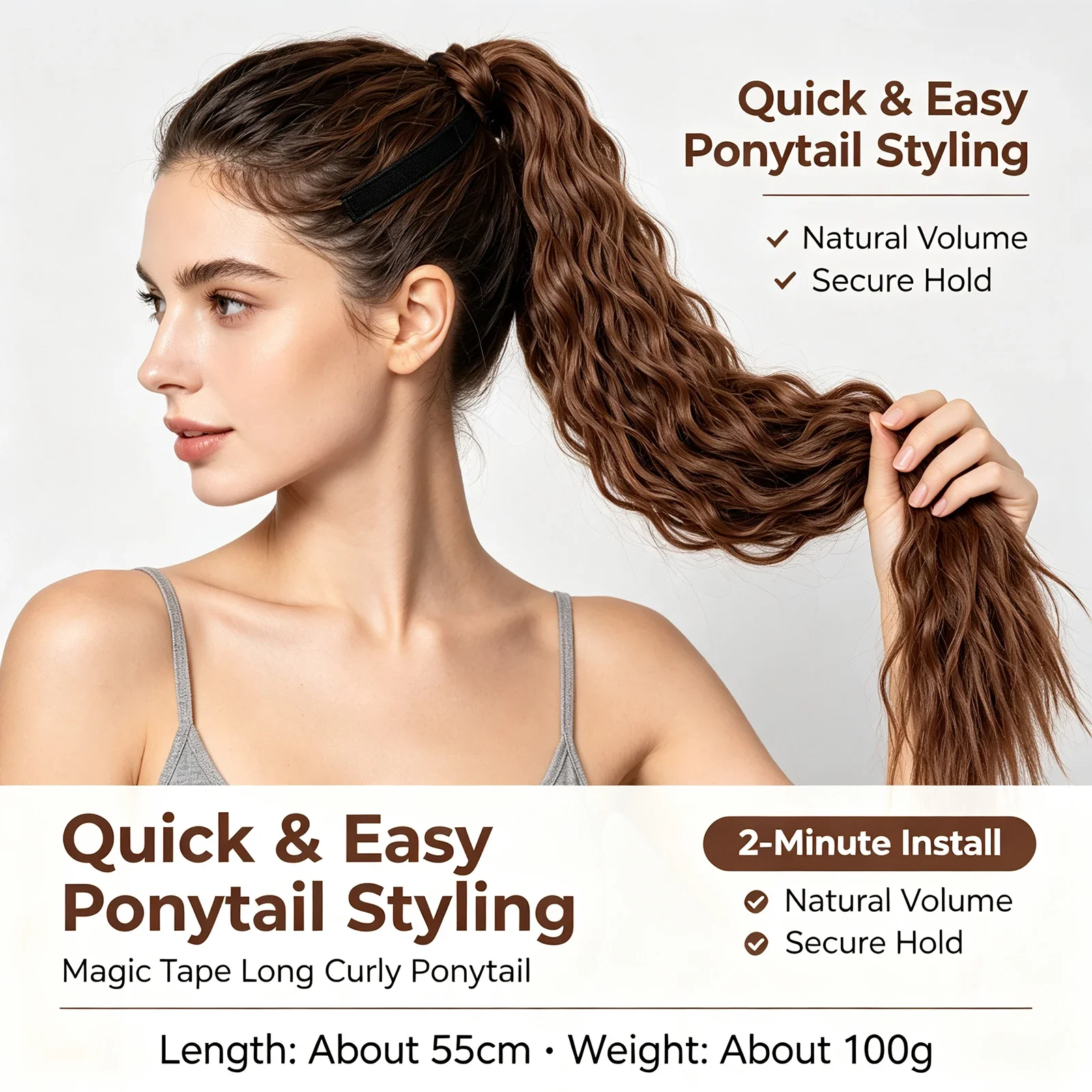 Women Corn Wave Curly Ponytail Hair Extensions, Magic Tape Wrap Around Long Wavy Synthetic Ponytail 100g 22 Inch