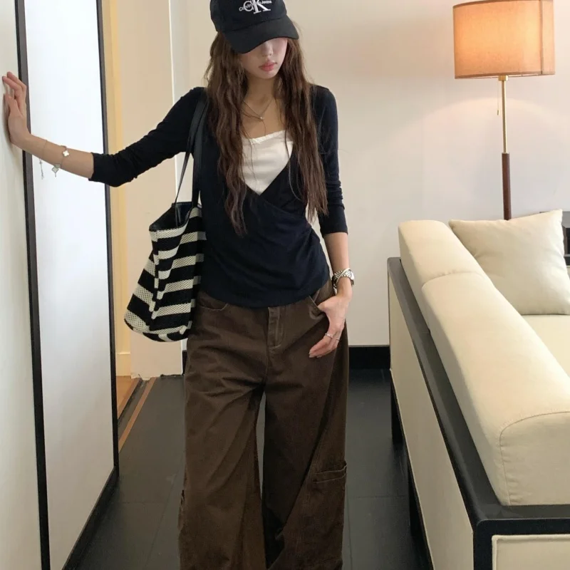 Damen Farbblock-Oberteil mit Langen Ärmeln in Schwarz, Einzigartiges Falsches Zweiteiler-Layering-Oberteil im Koreanischen Stil, Weiches Büro- und Freizeit-Top für den Herbst – Detail 7