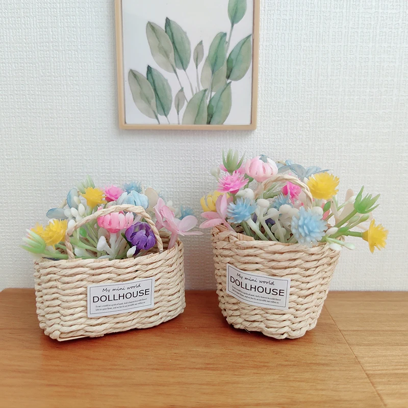 1/12 Puppenhaus hand gewebte Rattan Korb Einkaufs korb Stroh Handtaschen Weben Strand tasche Puppenhaus Miniatur Dekoration