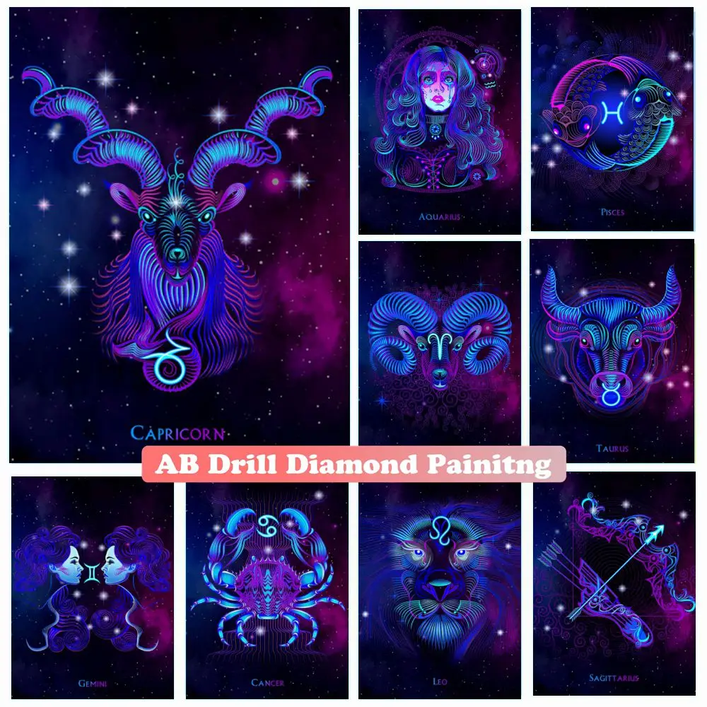 Neon Style 5d AB Drills Diamond Art Painting 12 Zodiac Aquarius APisces Taurus Leo Scorpio Constellation Cross Stitch Home Decor