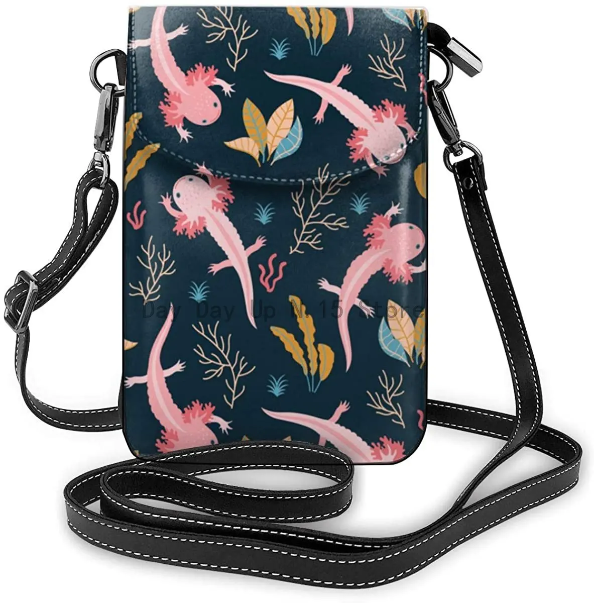 New Pink Axolotl Leather Phone Purse Novelty Cell Phone Pouch Wallet Crossbody Shoulder Bag Key Holder